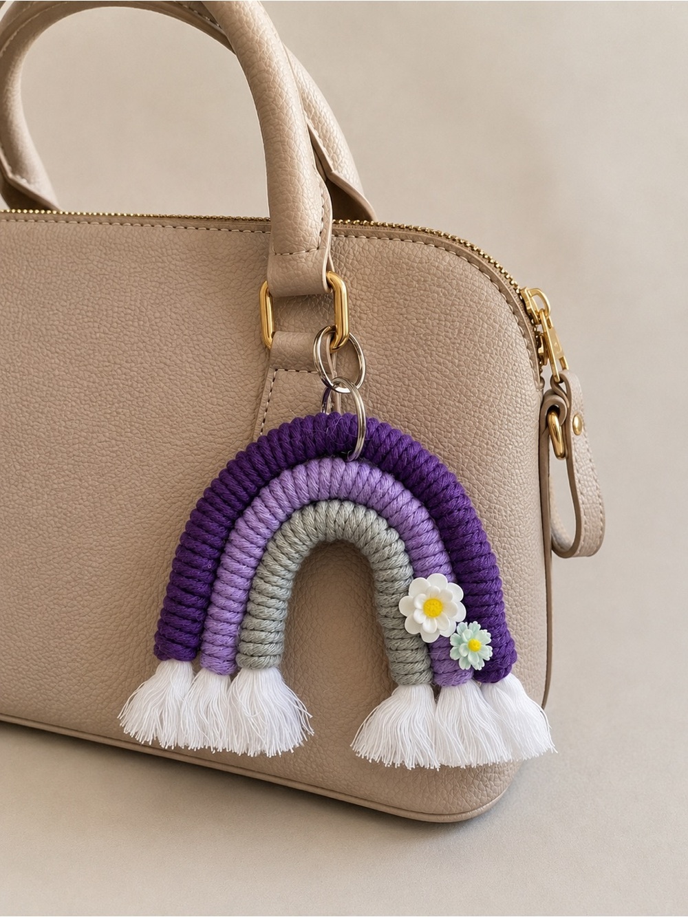 Handmade Rainbow Macrame Keychain - Purse Charm - Purple lavender and grey